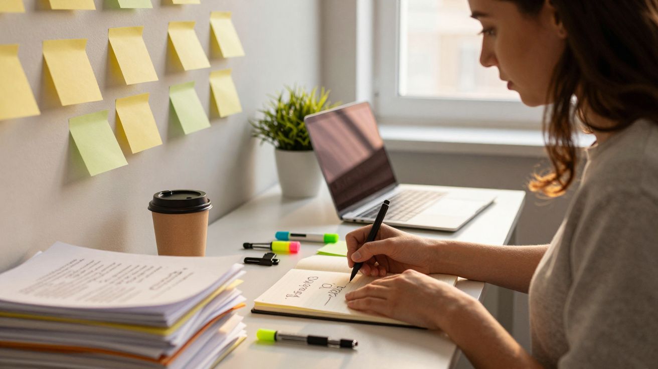 Mulher escreve em caderno numa secretária com computador, papéis, canecas, marcadores e post-its na parede.