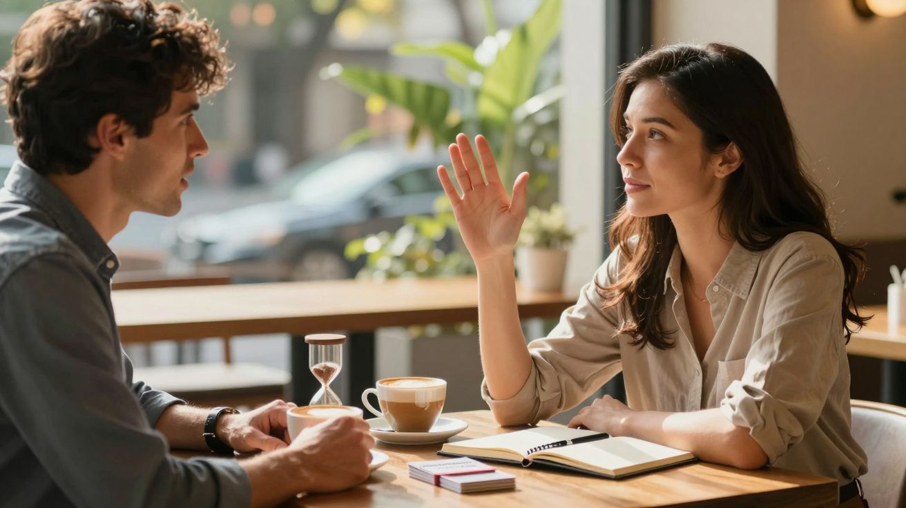 Homem e mulher conversam numa cafetaria, com chávenas e caderno sobre a mesa.