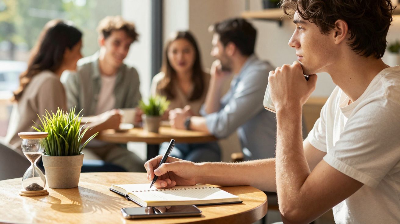 Homem a escrever num caderno numa mesa de café, cercado por outras pessoas a conversar ao fundo.