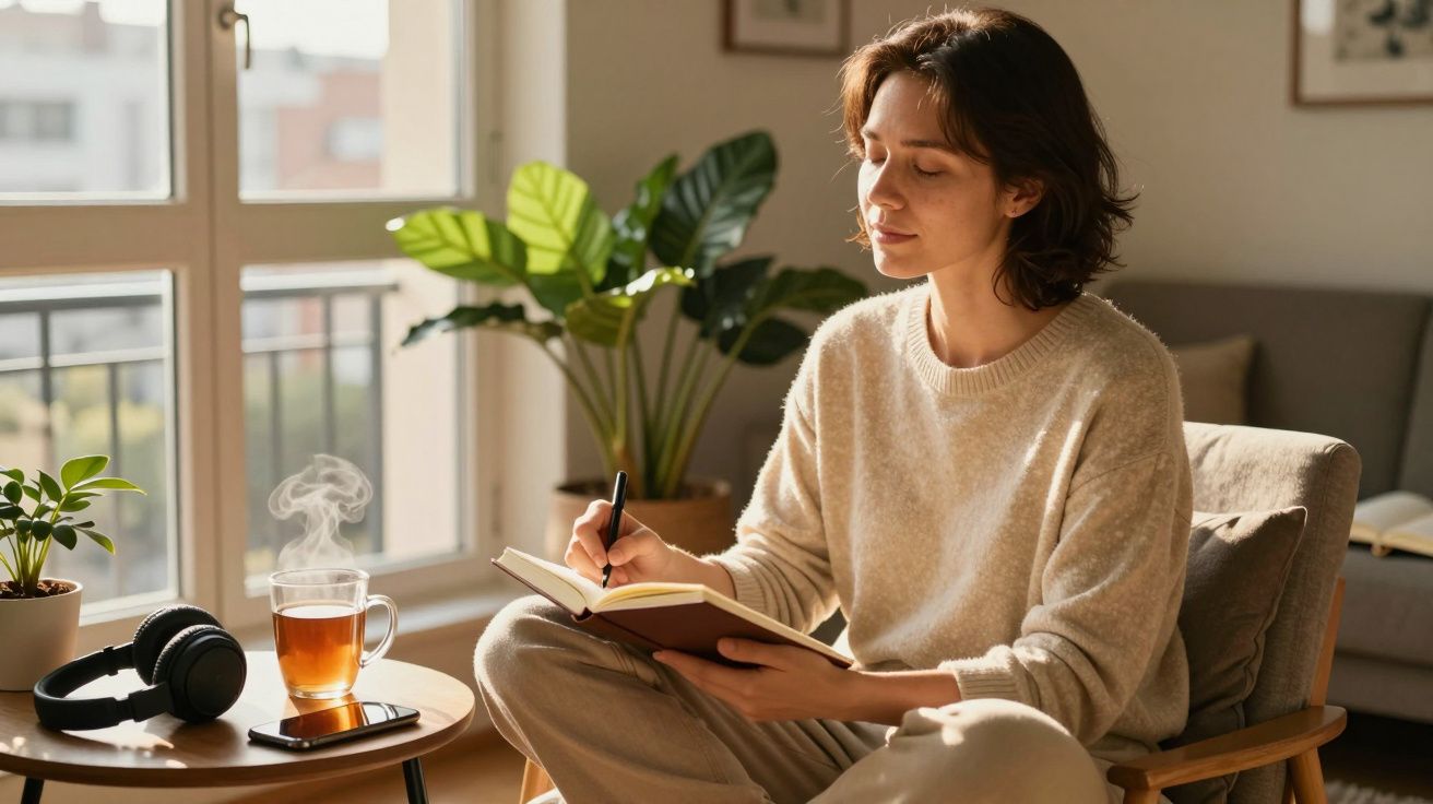 Pessoa sentada escrevendo num caderno, com auriculares e chá na mesa, junto a uma janela e planta.