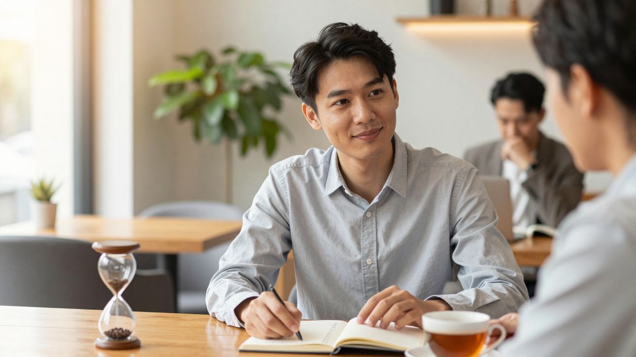 Homem sorridente a escrever num caderno numa cafetaria, com um relógio de areia na mesa.