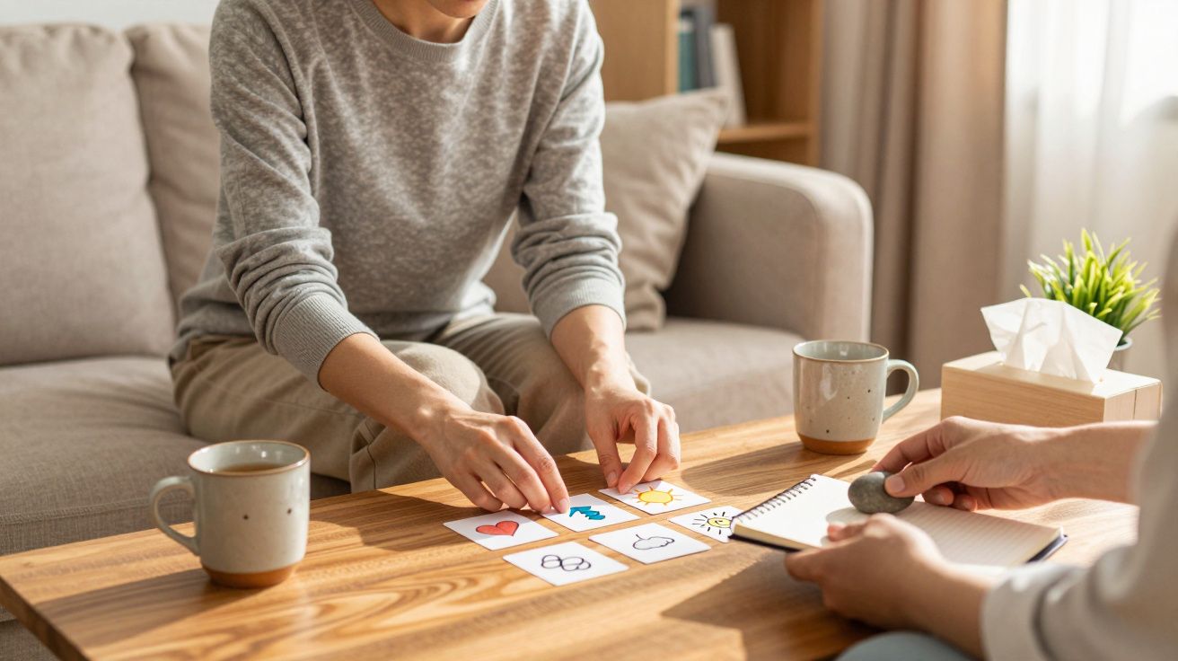 Pessoa a jogar com cartas ilustradas numa mesa de madeira, duas chávenas ao lado.