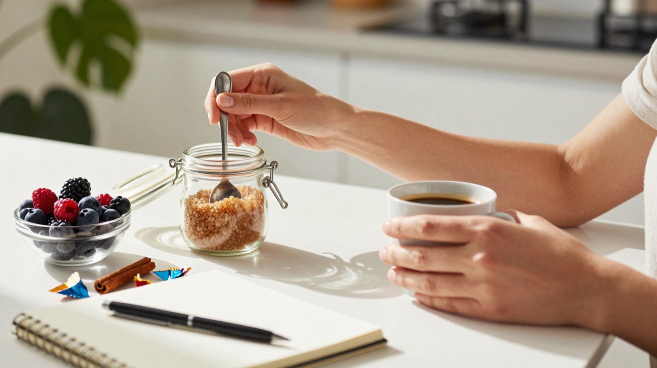 Pessoa a adicionar açúcar ao café numa cozinha, com um caderno, caneta e taça de frutos vermelhos na mesa.