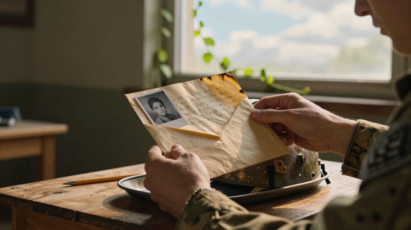 Pessoa segura carta envelhecida com foto e escrita, numa mesa de madeira junto a janela com vista para o céu.