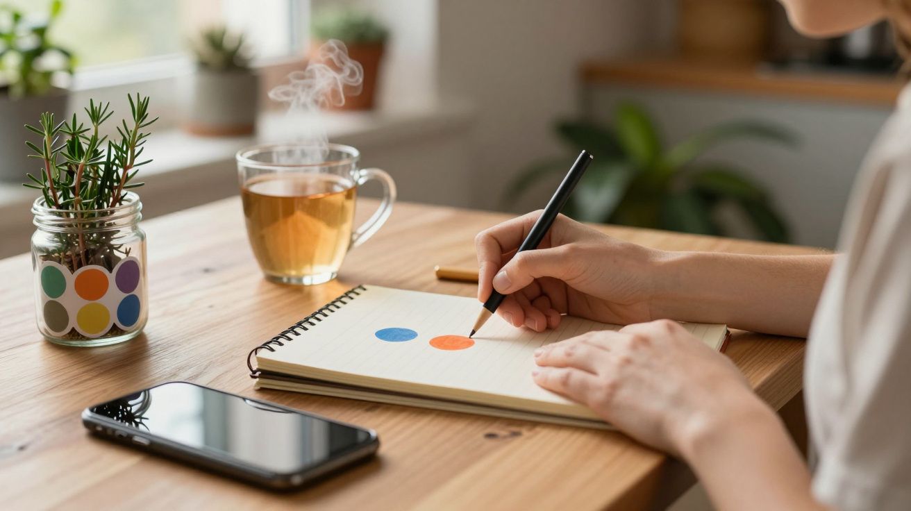 Pessoa desenha círculos em bloco de notas, com chá, telemóvel e planta ao lado.