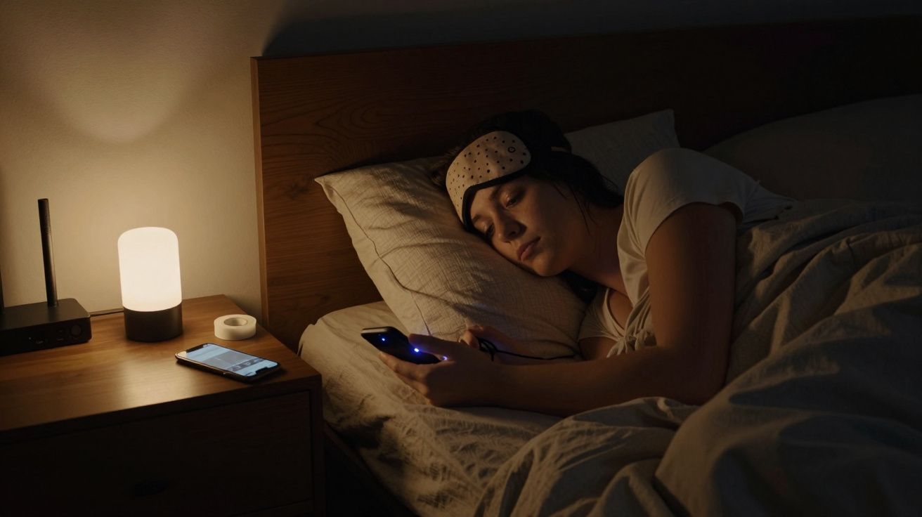 Mulher deitada na cama, usando máscara de dormir, segurando telemóvel. Candeeiro aceso na mesa.