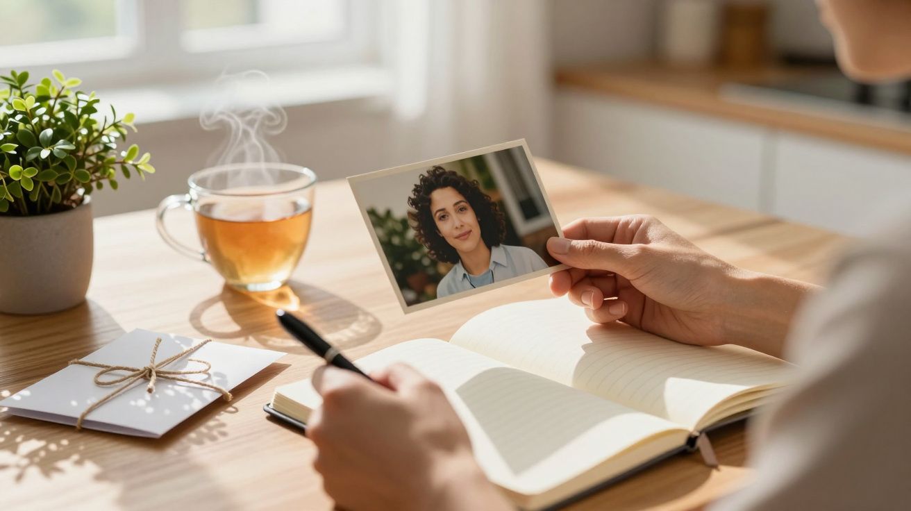 Pessoa segurando foto e caneta no fundo, com caderno aberto, chá na mesa e planta ao lado.