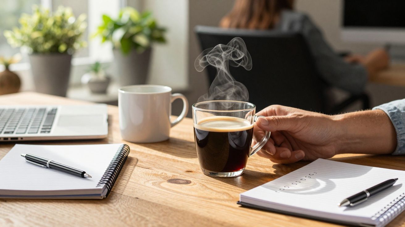 Mão segurando chávena de café fumegante sobre mesa de escritório com caderno, caneta e portátil. Fundo desfocado.