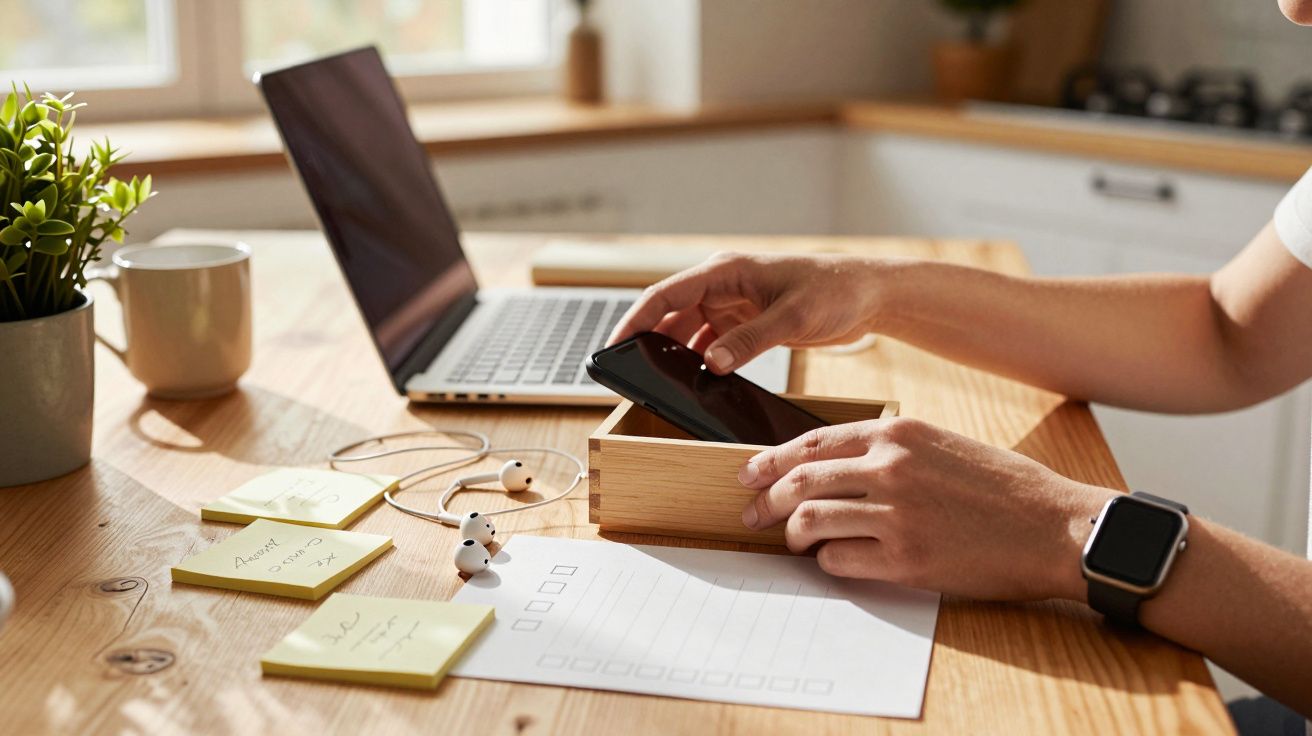 Pessoa coloca telemóvel numa caixa de madeira numa secretária; há um portátil, notas adesivas e auriculares ao lado.