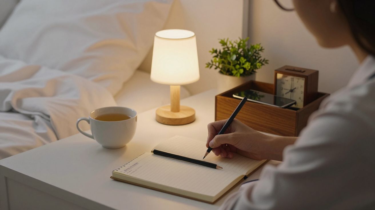 Pessoa escreve num caderno ao lado de chávena de chá, abajur aceso e plantas num quarto aconchegante.