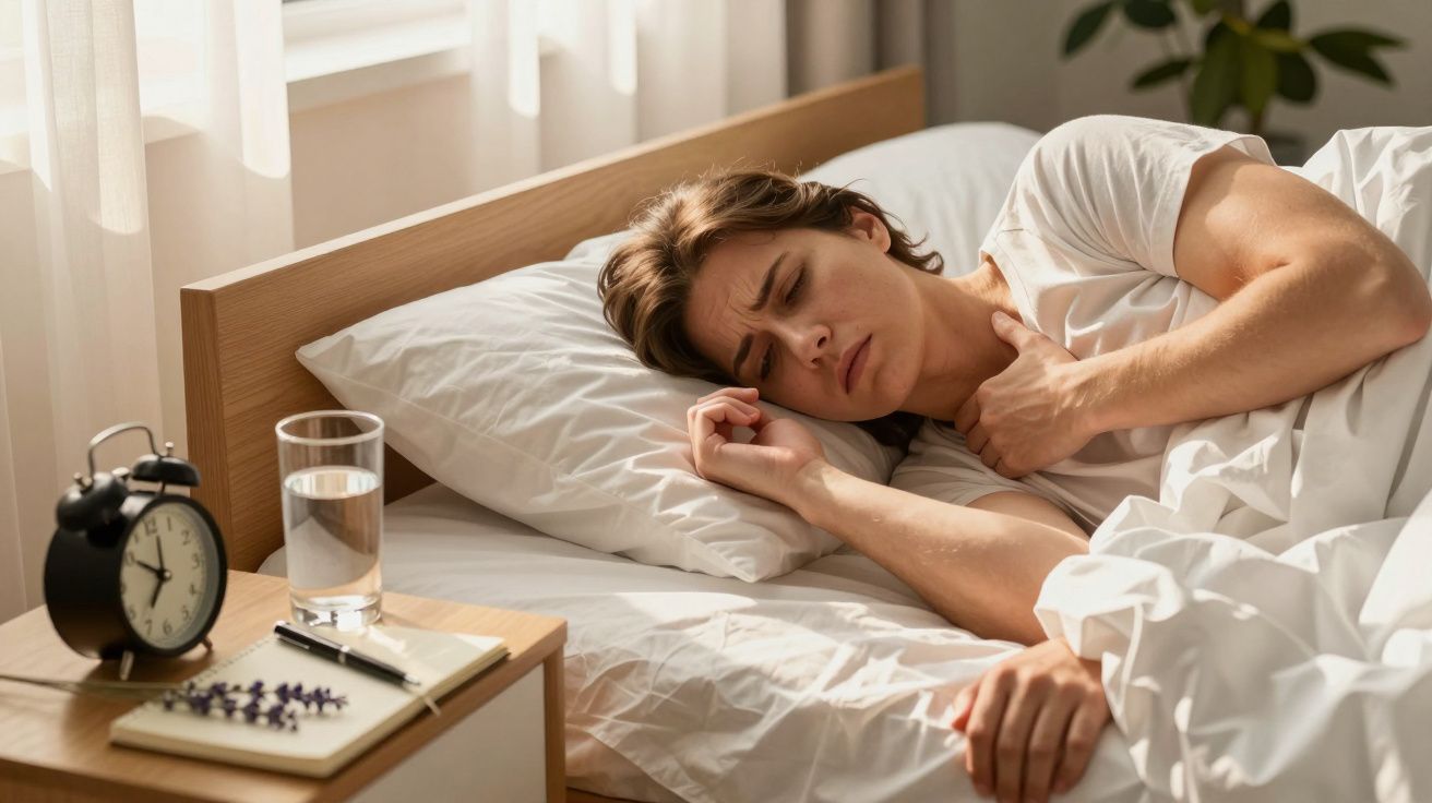Mulher deitada na cama com expressão de dor, mão no pescoço. Mesa de cabeceira com relógio, copo de água e caderno.
