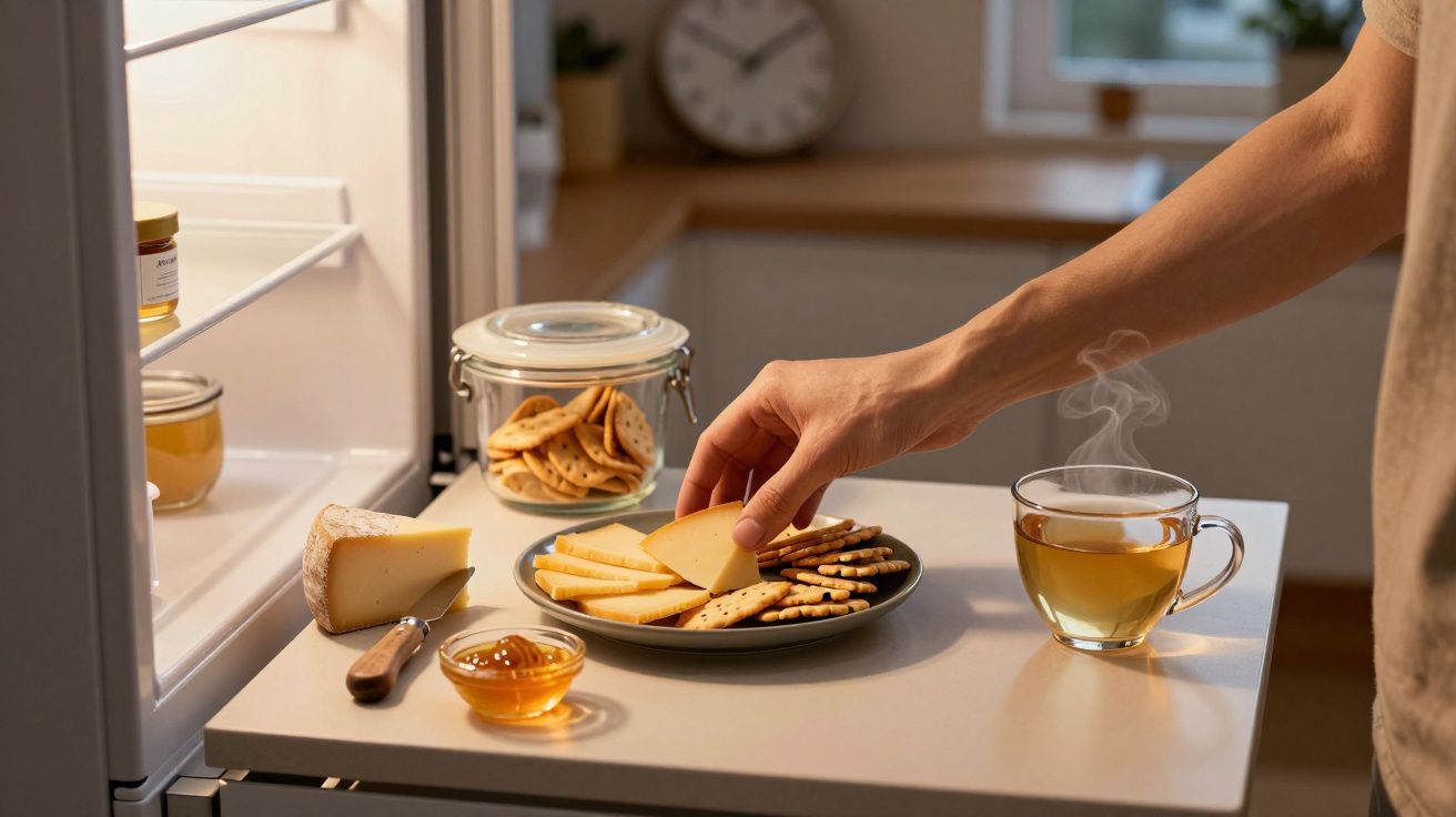 Pessoa pega queijo de um prato com bolachas ao lado de chá quente, mel e queijo perto de frigorífico aberto.