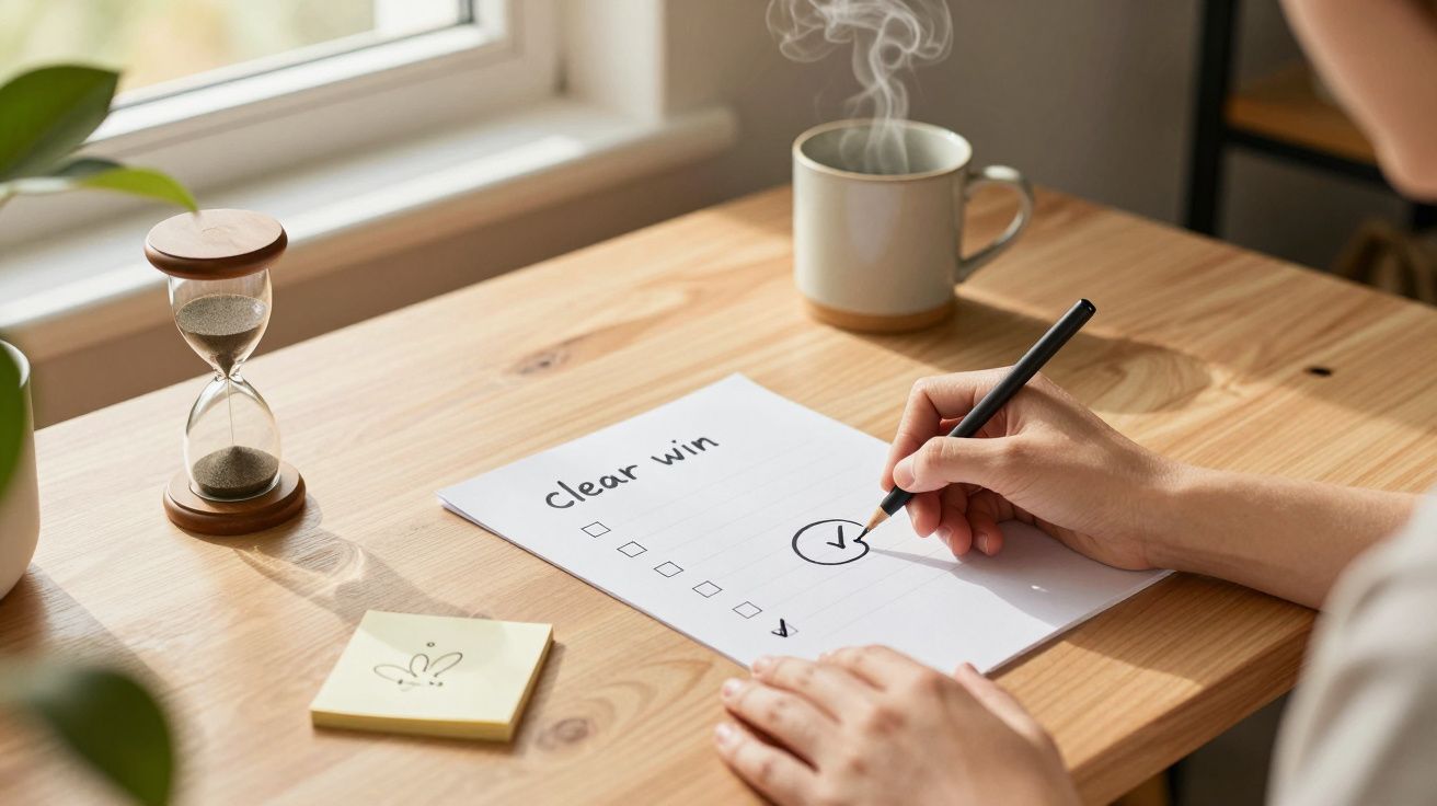 Pessoa a marcar lista de tarefas numa folha com texto "clear win", numa mesa com ampulheta, bloco de notas e chávena.