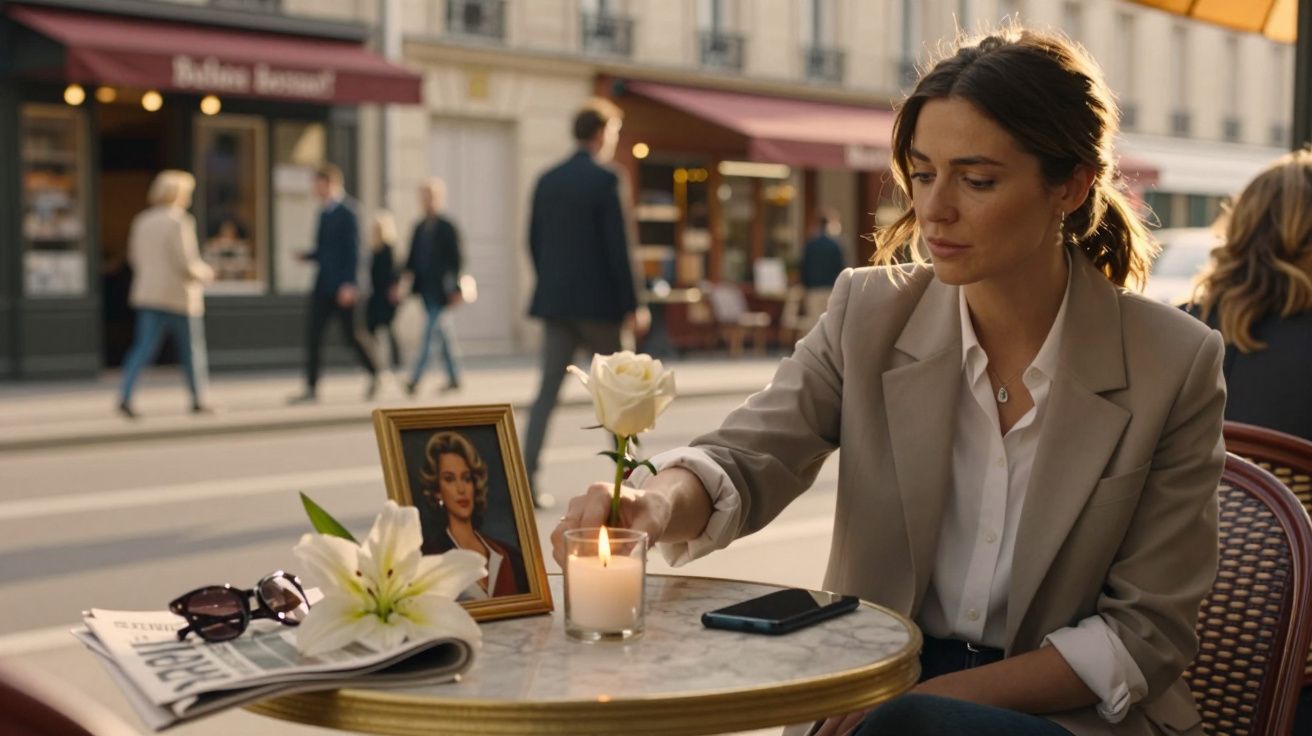 Mulher em café, sentada à mesa com flor branca, vela, foto emoldurada e jornal ao lado.