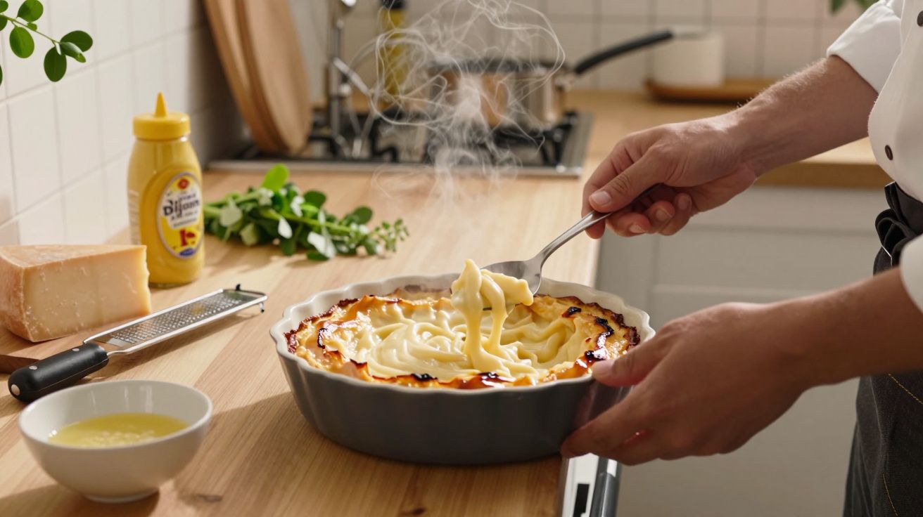 Pessoa servindo massa gratinada quente com colher, em cozinha moderna.