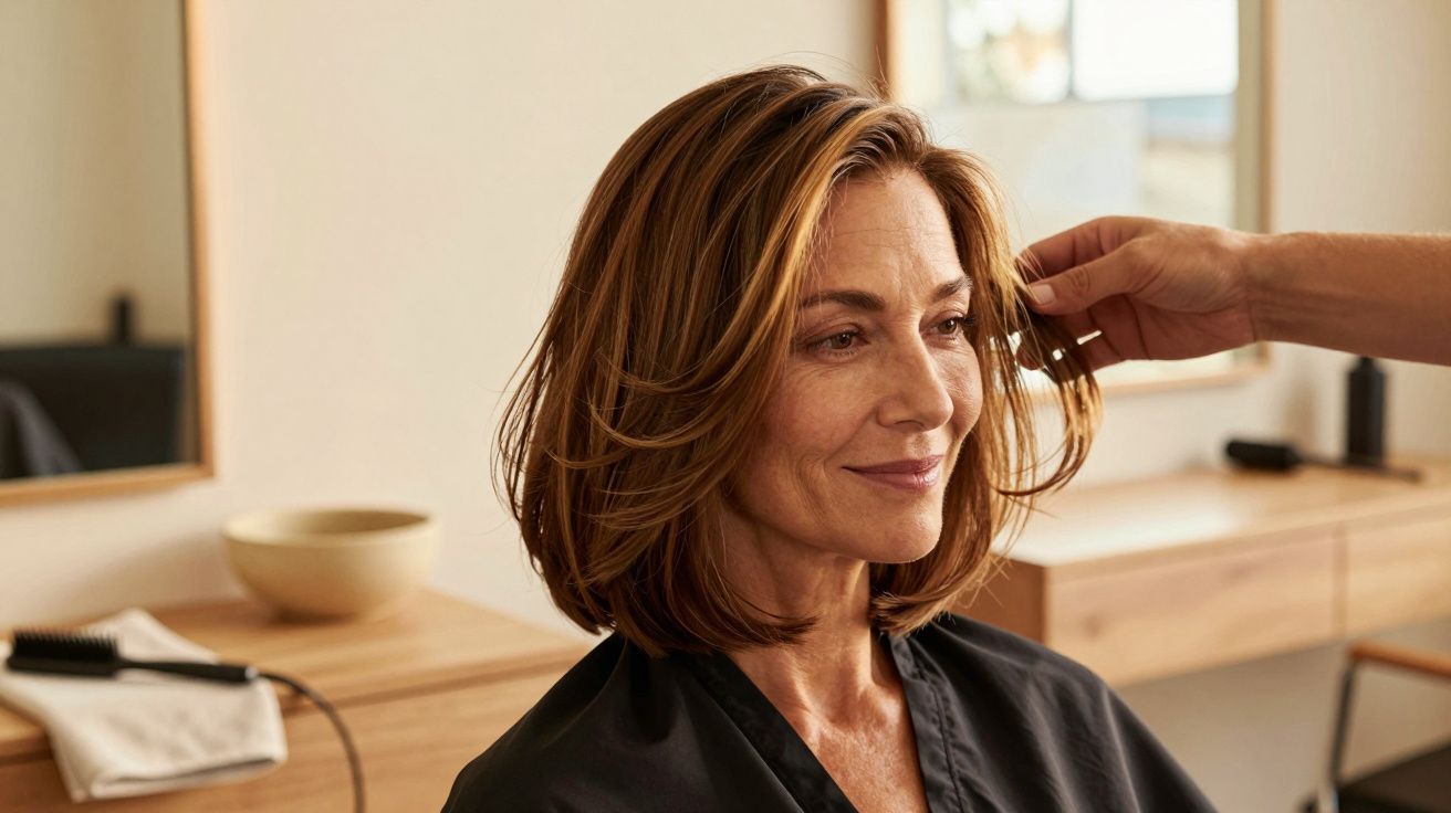 Mulher sorridente num salão de cabeleireiro, enquanto um cabeleireiro ajusta o seu cabelo castanho em frente a um espelho.