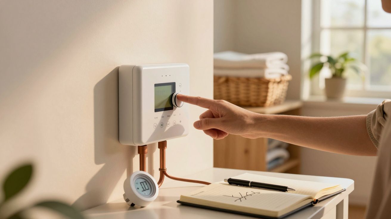 Mão ajusta painel de controlo de aquecimento numa casa iluminada pelo sol, com plantas e cesto ao fundo.