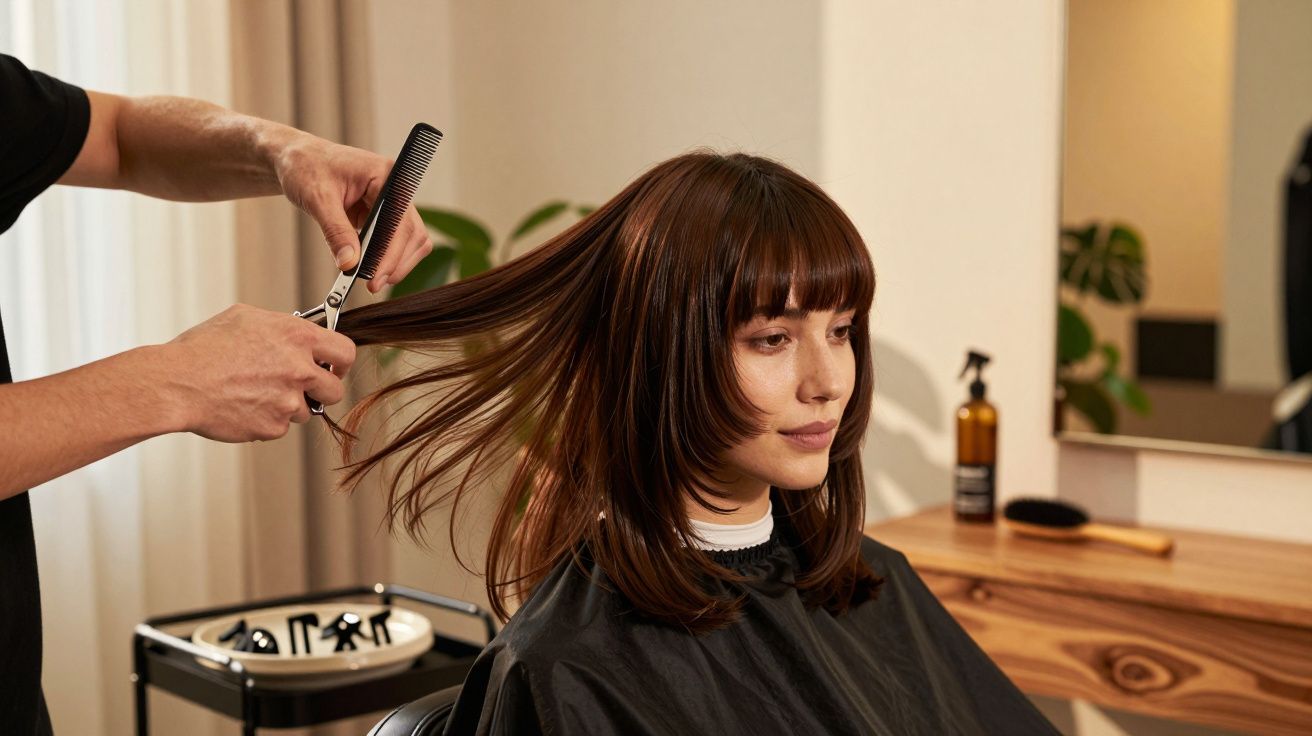 Mulher com cabelo castanho a ser cortado em salão de cabeleireiro.