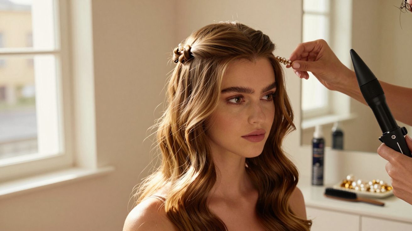 Mulher sentada com cabelo ondulado, enquanto outra pessoa estiliza com um modelador, diante de uma janela iluminada.