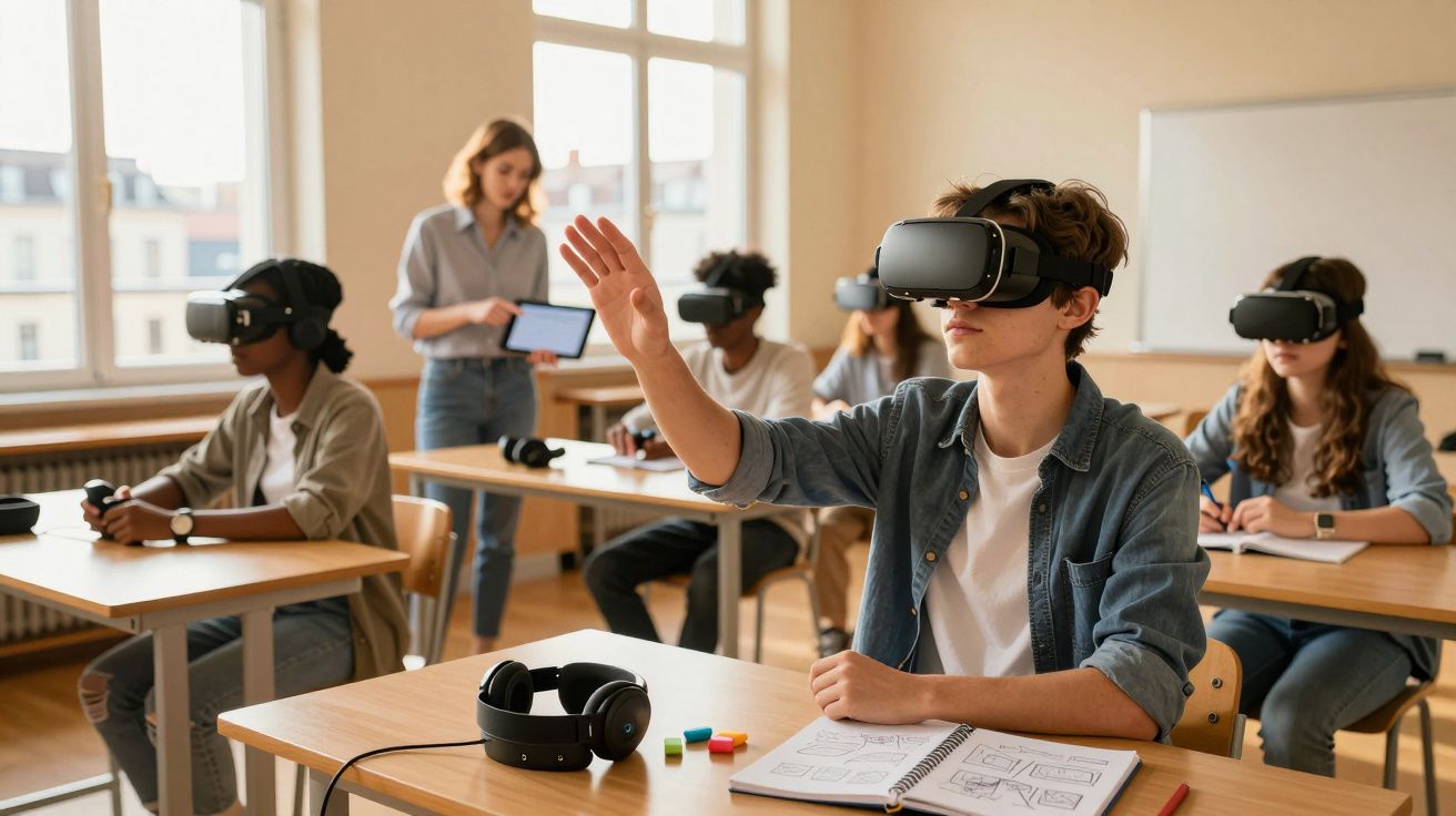 Estudantes numa sala de aula usam óculos de realidade virtual. Um aluno levanta a mão; professora observa com tablet.