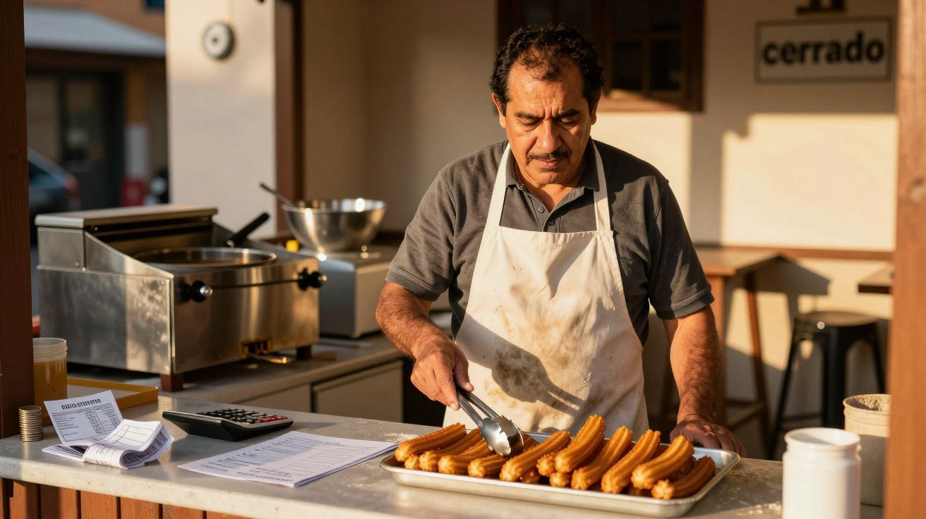 Homem de avental serve churros numa banca ao ar livre, com máquina de fritar ao fundo e documentos sobre o balcão.
