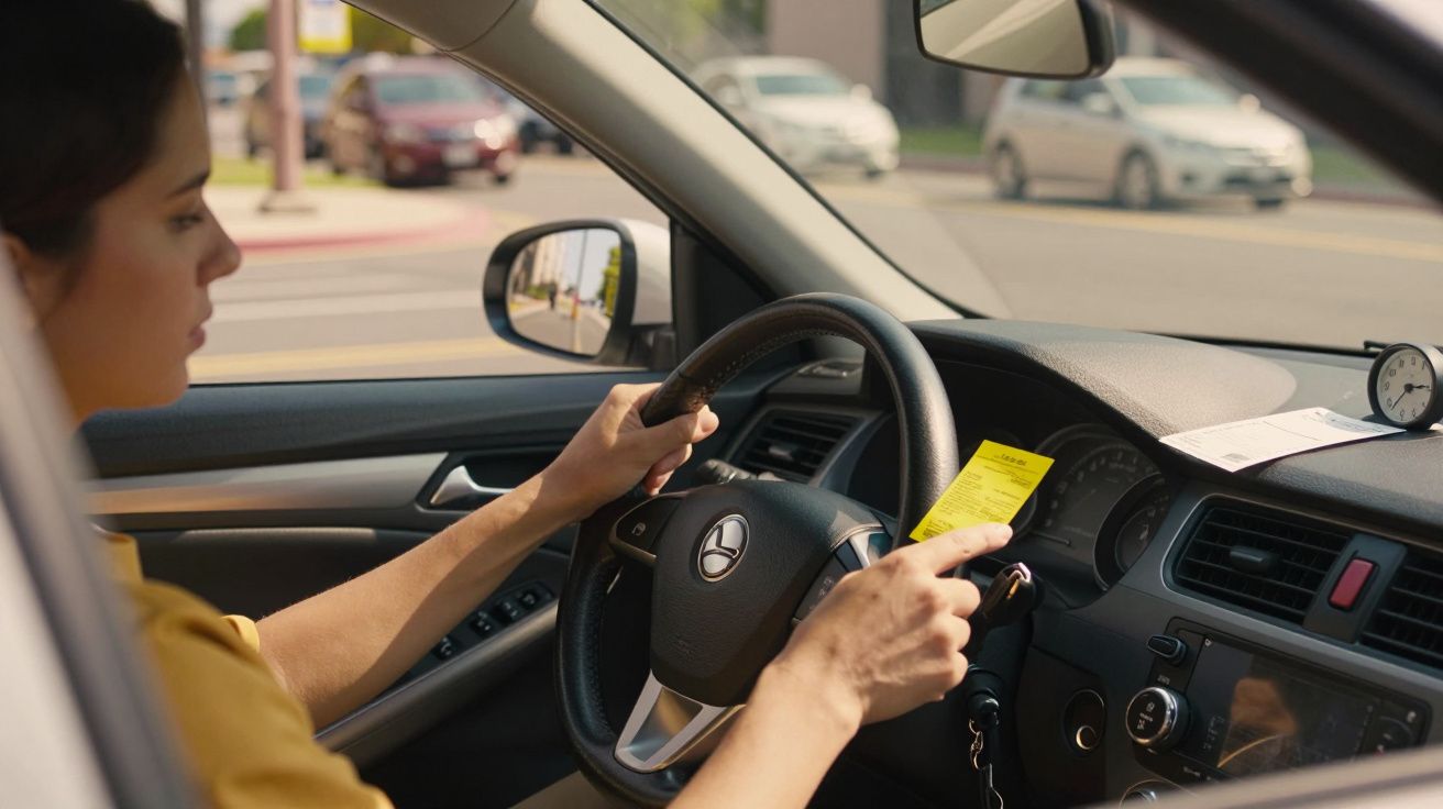 Mulher ao volante de um carro, segurando um papel amarelo, com rua e carros ao fundo.