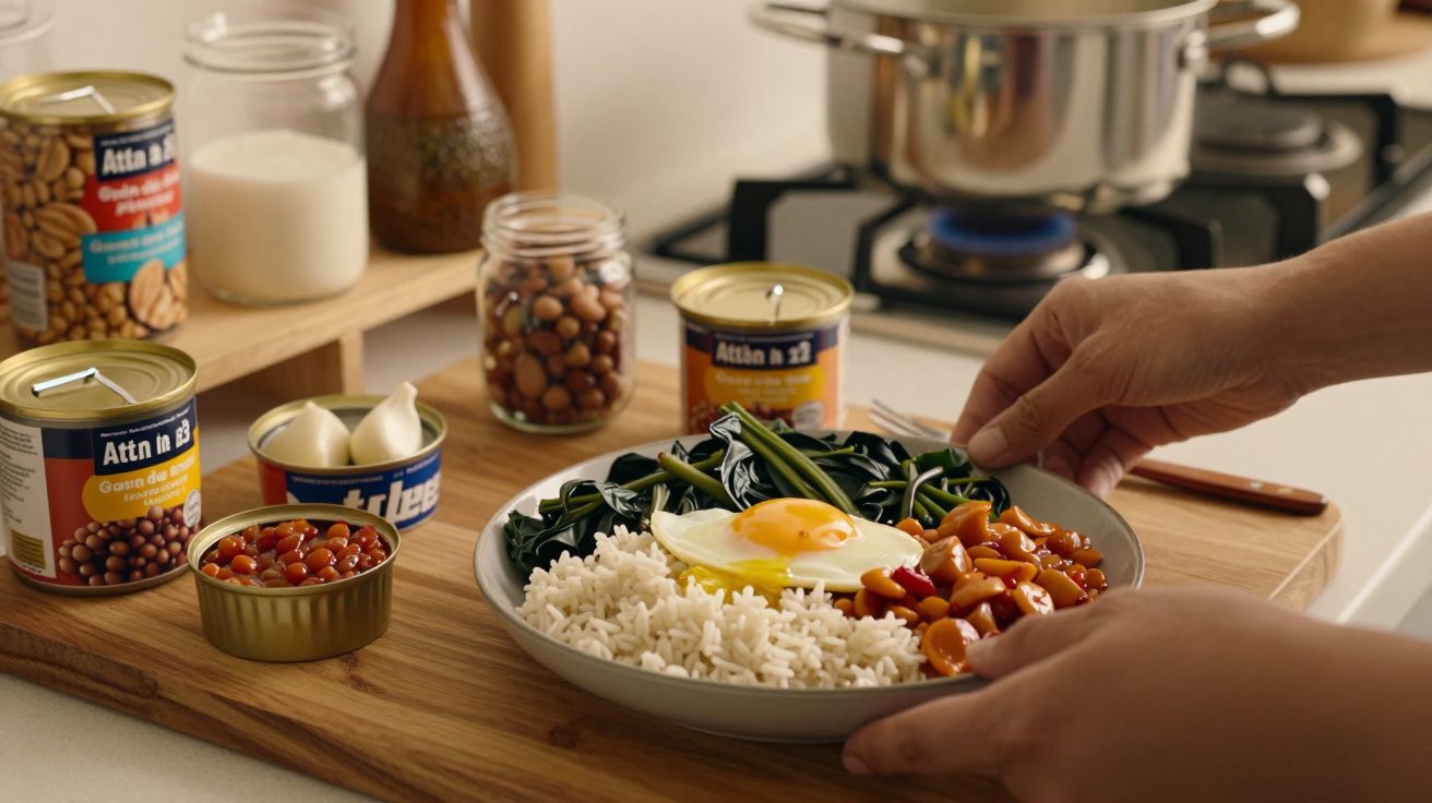 Prato com arroz, feijão, espinafres, ovo e salsichas; latas e frascos ao fundo numa cozinha.
