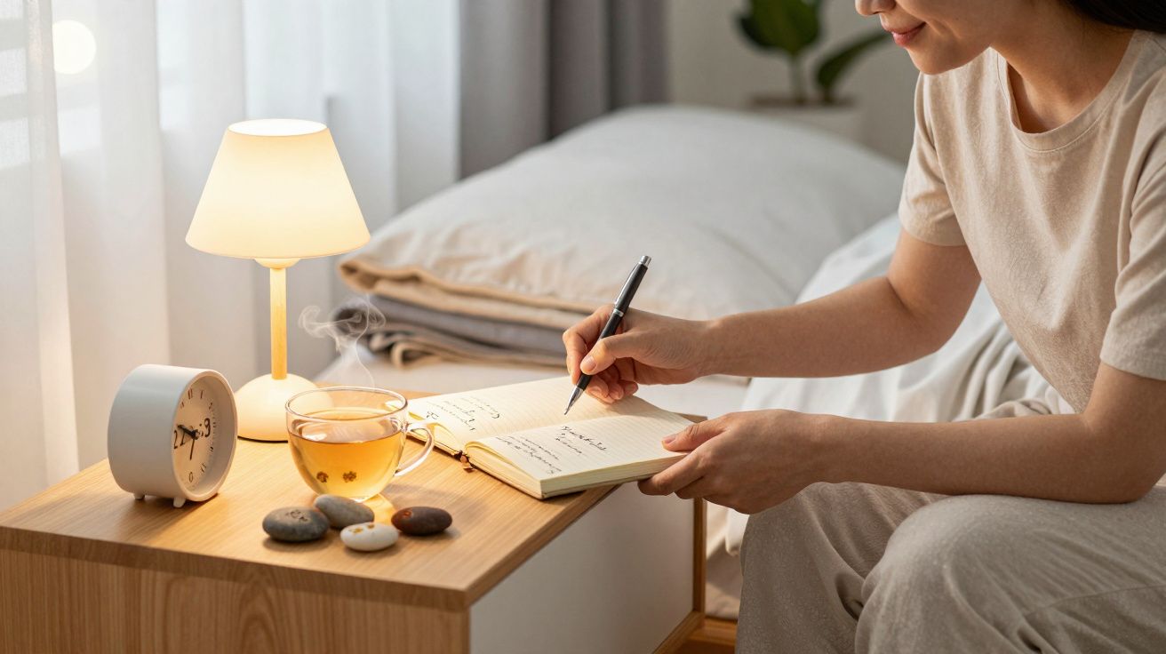 Mulher escrevendo em caderno ao lado de chá quente, despertador e lâmpada pequena numa mesa de cabeceira.