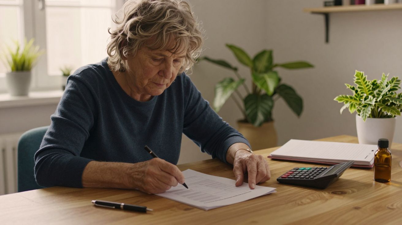 Senhora idosa sentada à mesa, escreve num documento ao lado de uma calculadora e plantas em vaso.