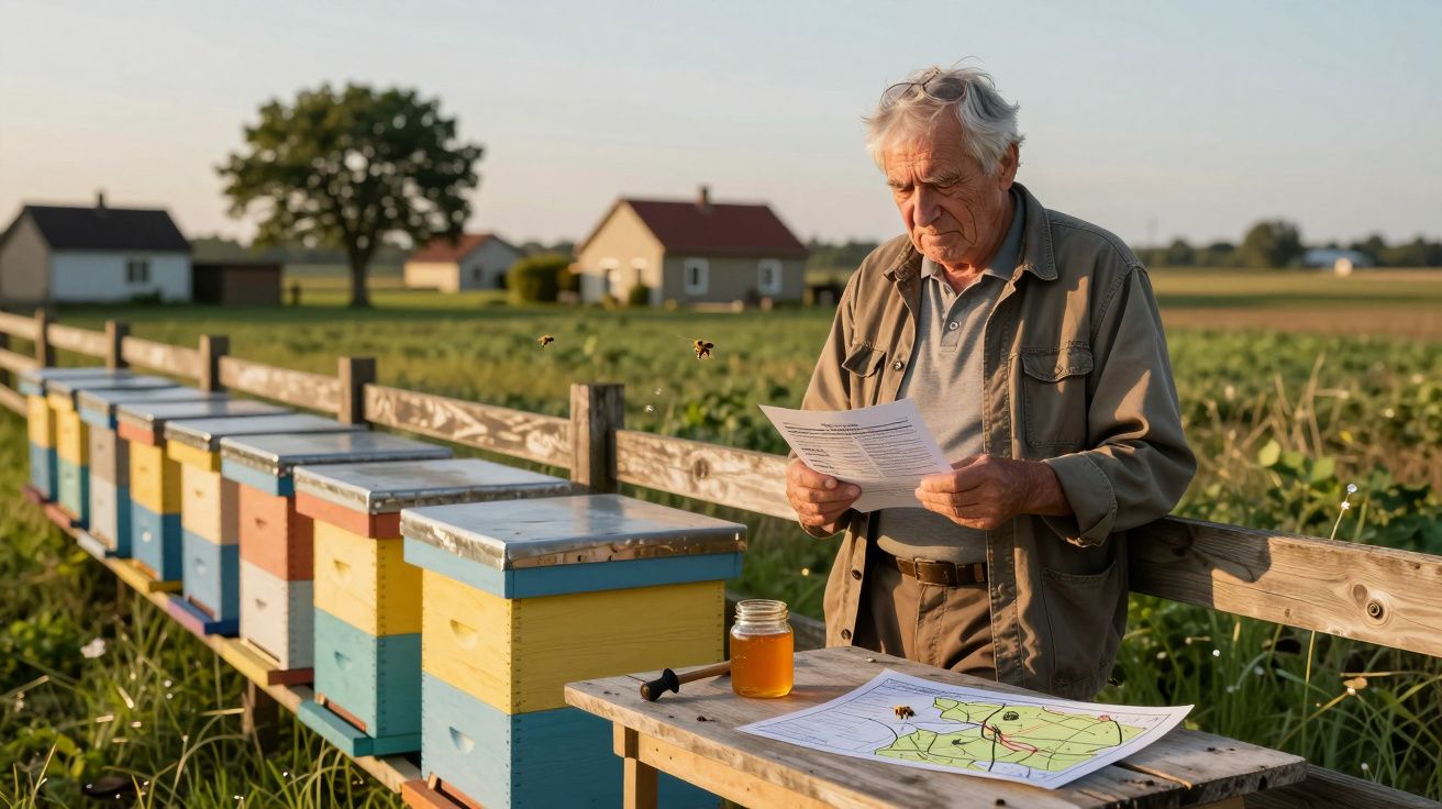 Homem idoso lê papéis perto de colmeias coloridas, com frascos de mel e um mapa numa mesa ao ar livre.