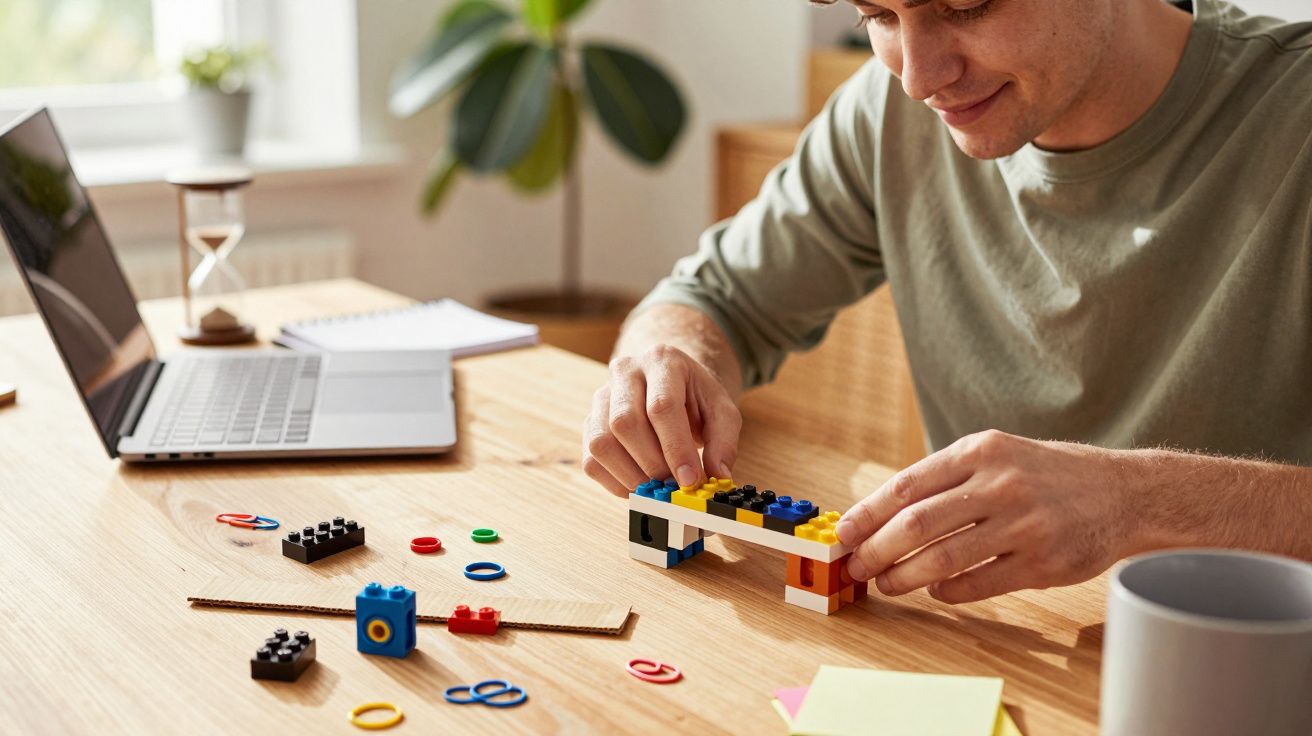 Homem a montar peças de construção coloridas numa mesa de madeira, com laptop e caderno ao lado.