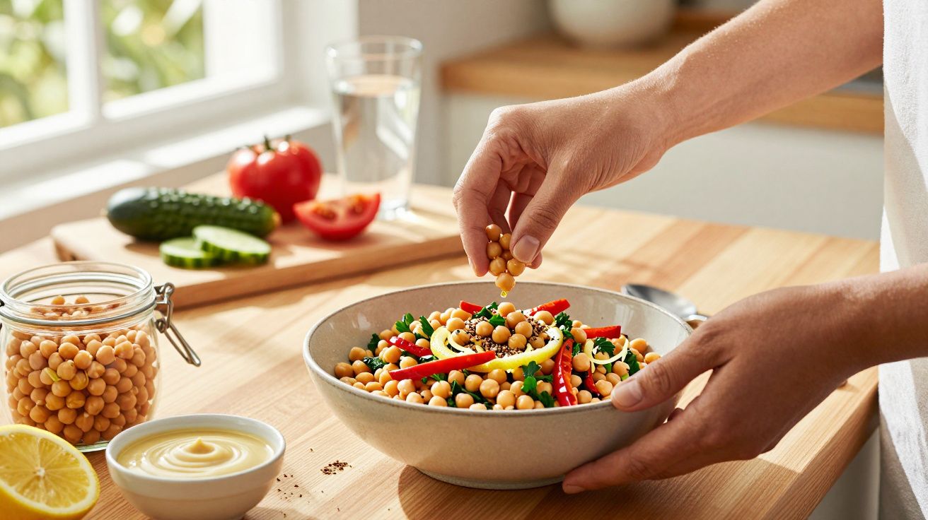 Pessoa a preparar salada de grão-de-bico com legumes frescos numa cozinha iluminada.