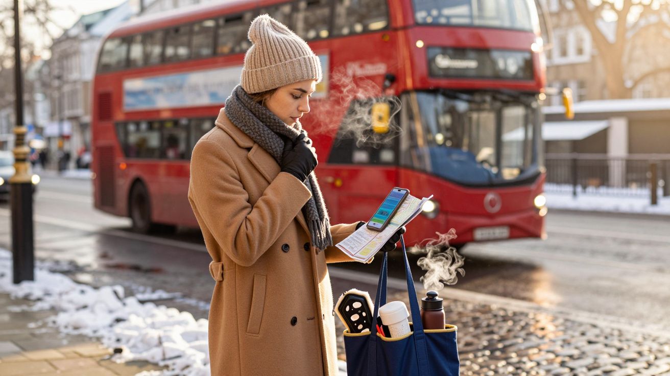 Mulher de casaco e gorro usa tablet na rua enquanto fuma; autocarro vermelho ao fundo, estrada com neve.