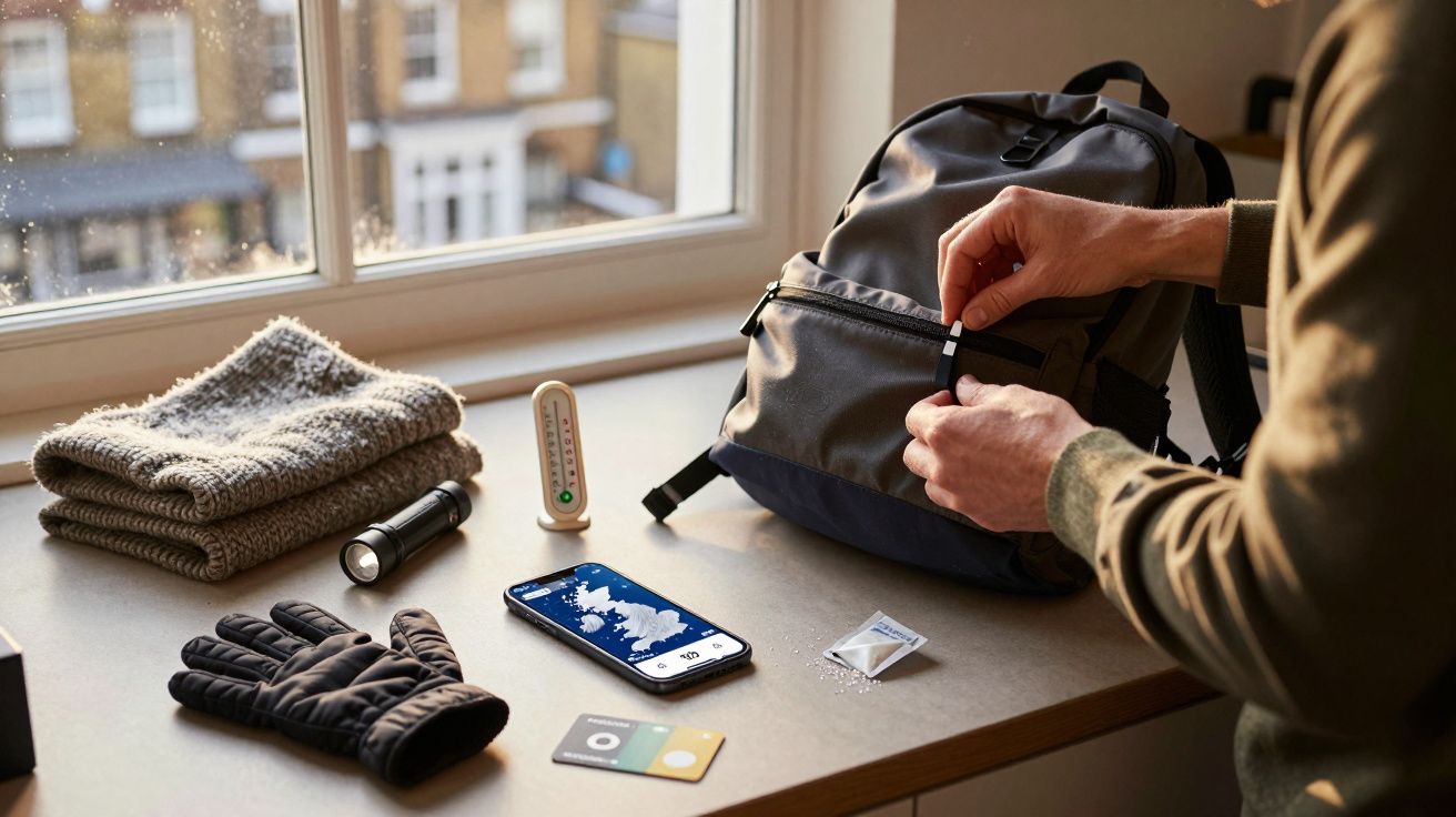 Pessoa a arrumar uma mochila num quarto, com luvas, toalhas, lanterna e telemóvel em cima da mesa.
