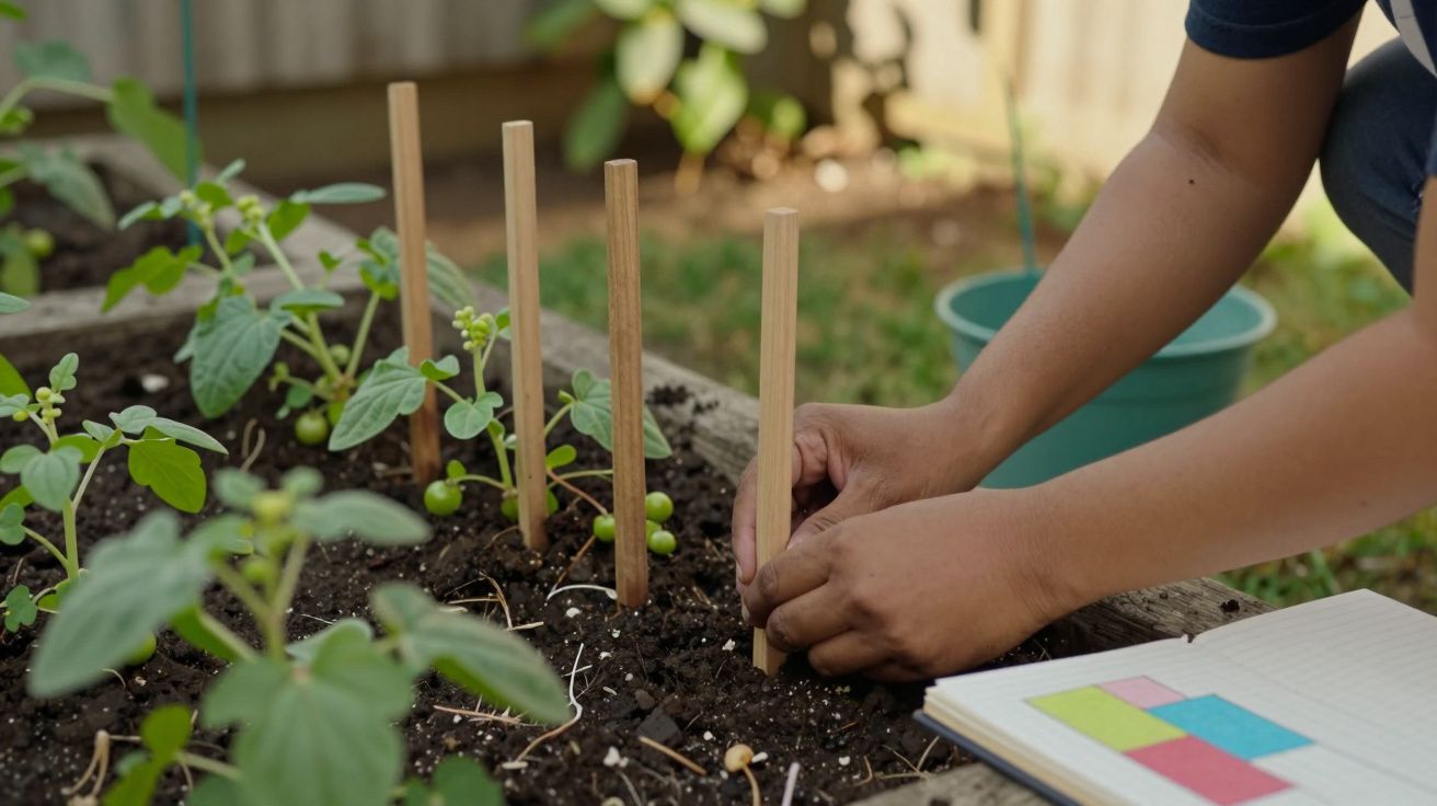Pessoa a jardinagem, plantando estacas de madeira, com plantas jovens em canteiro, caderno aberto ao lado.