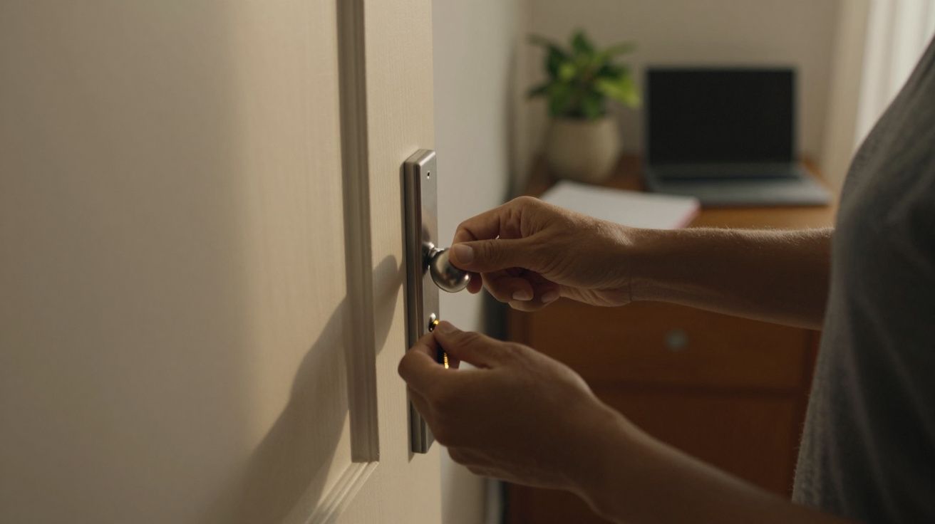 Pessoa a trancar porta com uma chave, interior de quarto com portátil ao fundo.