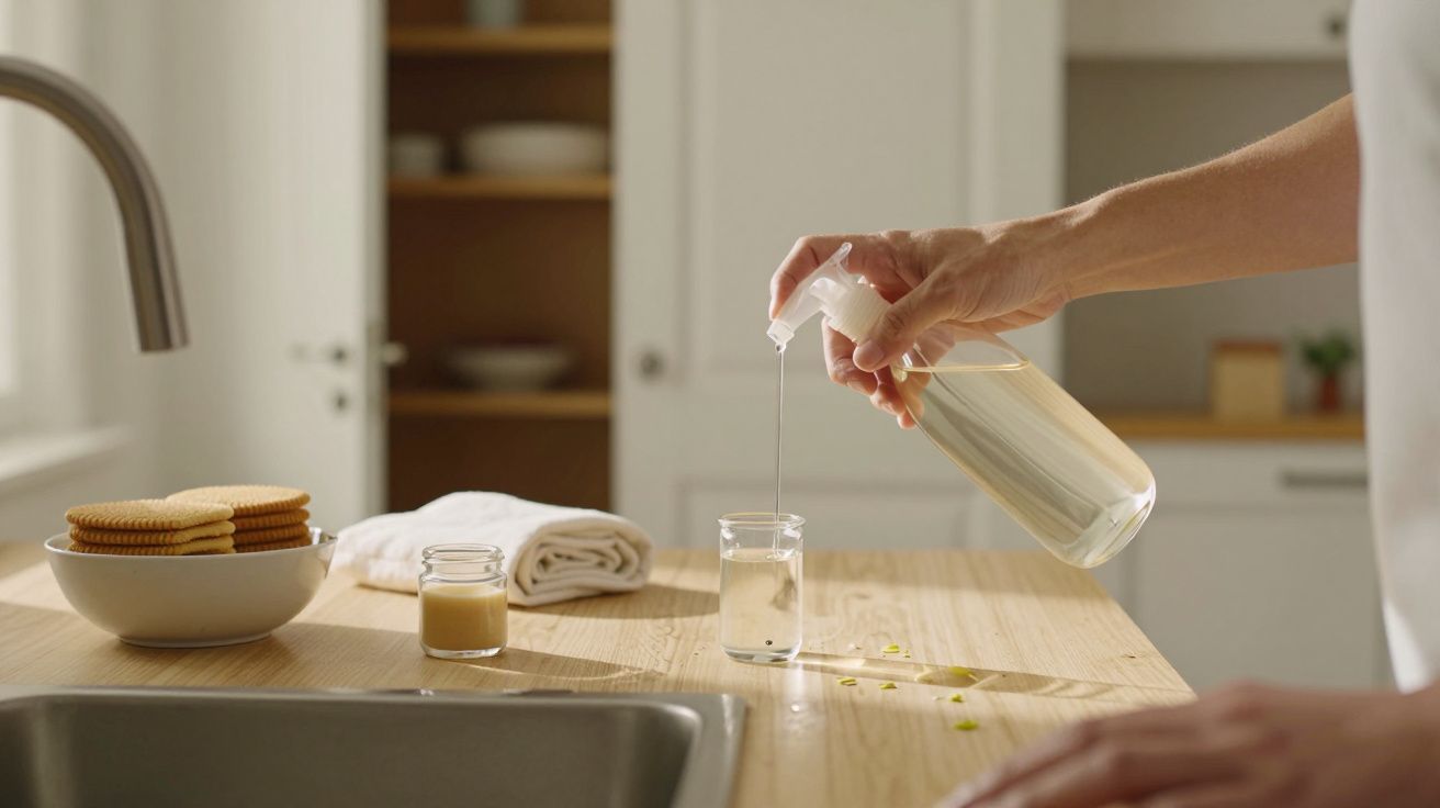 Mão de pessoa a despejar líquido de frasco em copo sobre balcão de cozinha, junto a bolachas e pano.