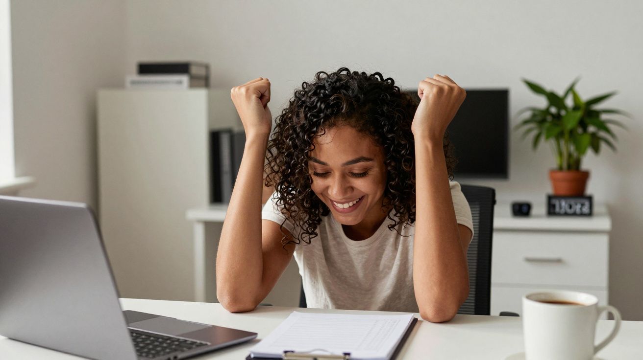 Mulher feliz levanta os braços, olhando para o portátil numa mesa com chávena e bloco de notas.