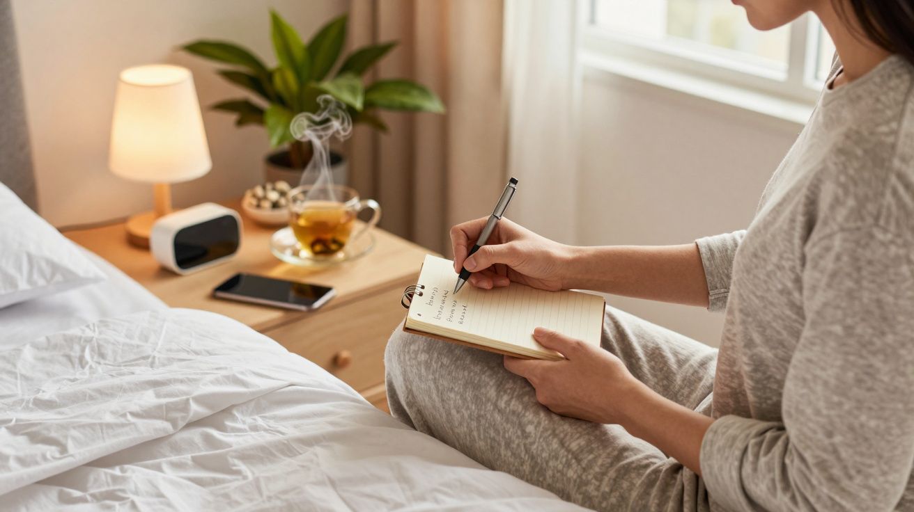 Pessoa sentada na cama a escrever num bloco de notas, com caneca e planta numa mesa de cabeceira ao lado.