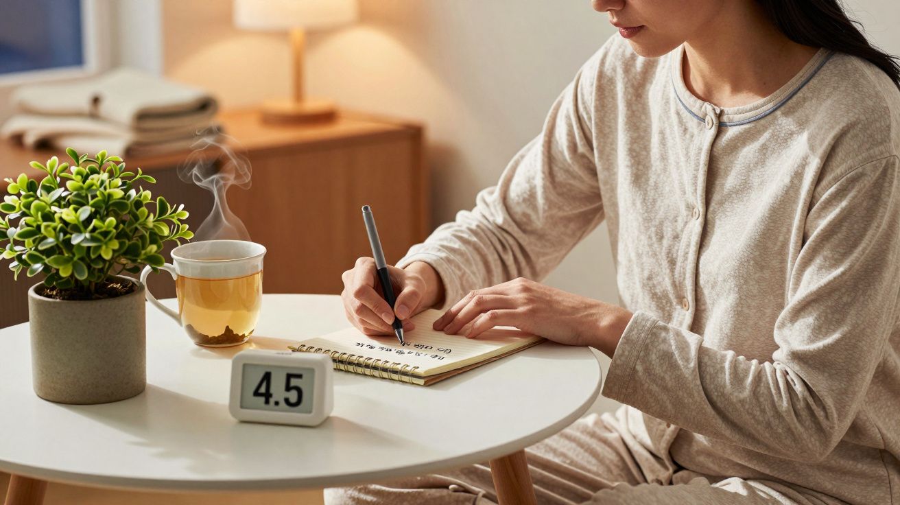 Pessoa em pijama escreve num bloco de notas numa mesa com chá, planta e relógio digital.