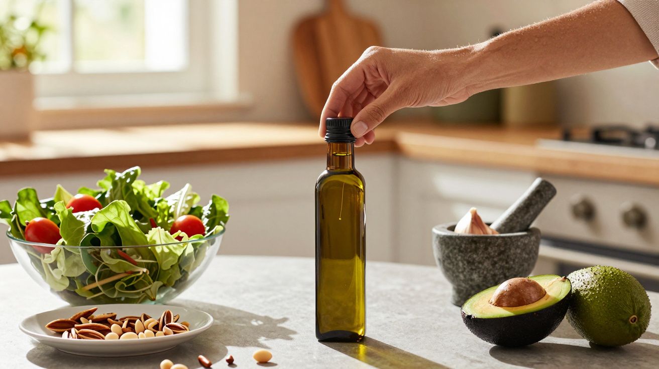 Mão segurando garrafa de azeite em cozinha, com salada, abacate e tigela de frutos secos sobre a bancada.