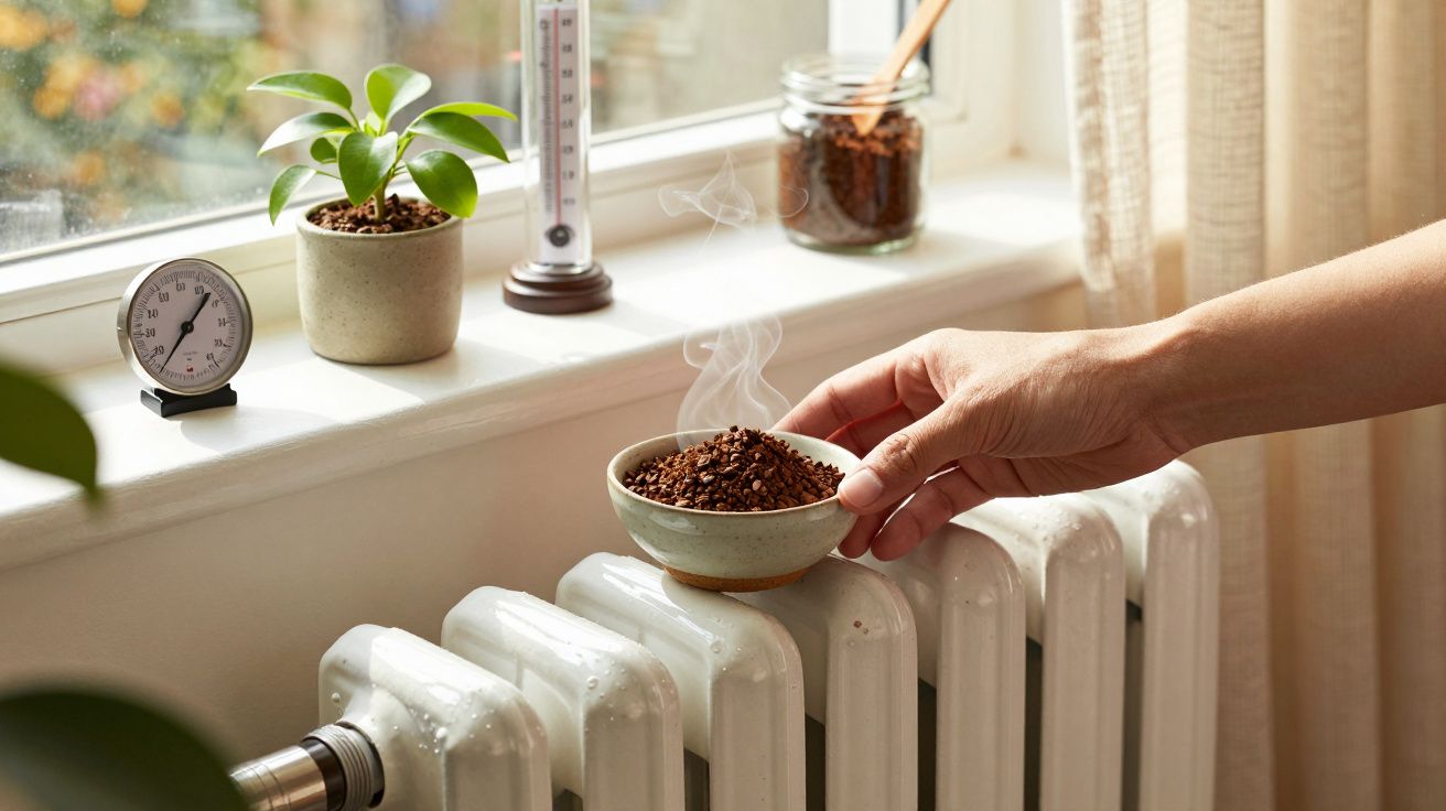 Mão coloca tigela de café moído a fumegar sobre radiador branco, com plantas e termómetro no parapeito da janela.