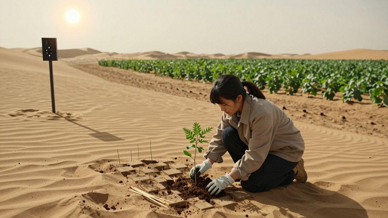 Pessoa a plantar uma árvore no deserto, com fileiras de plantas ao fundo e o sol a brilhar no céu.