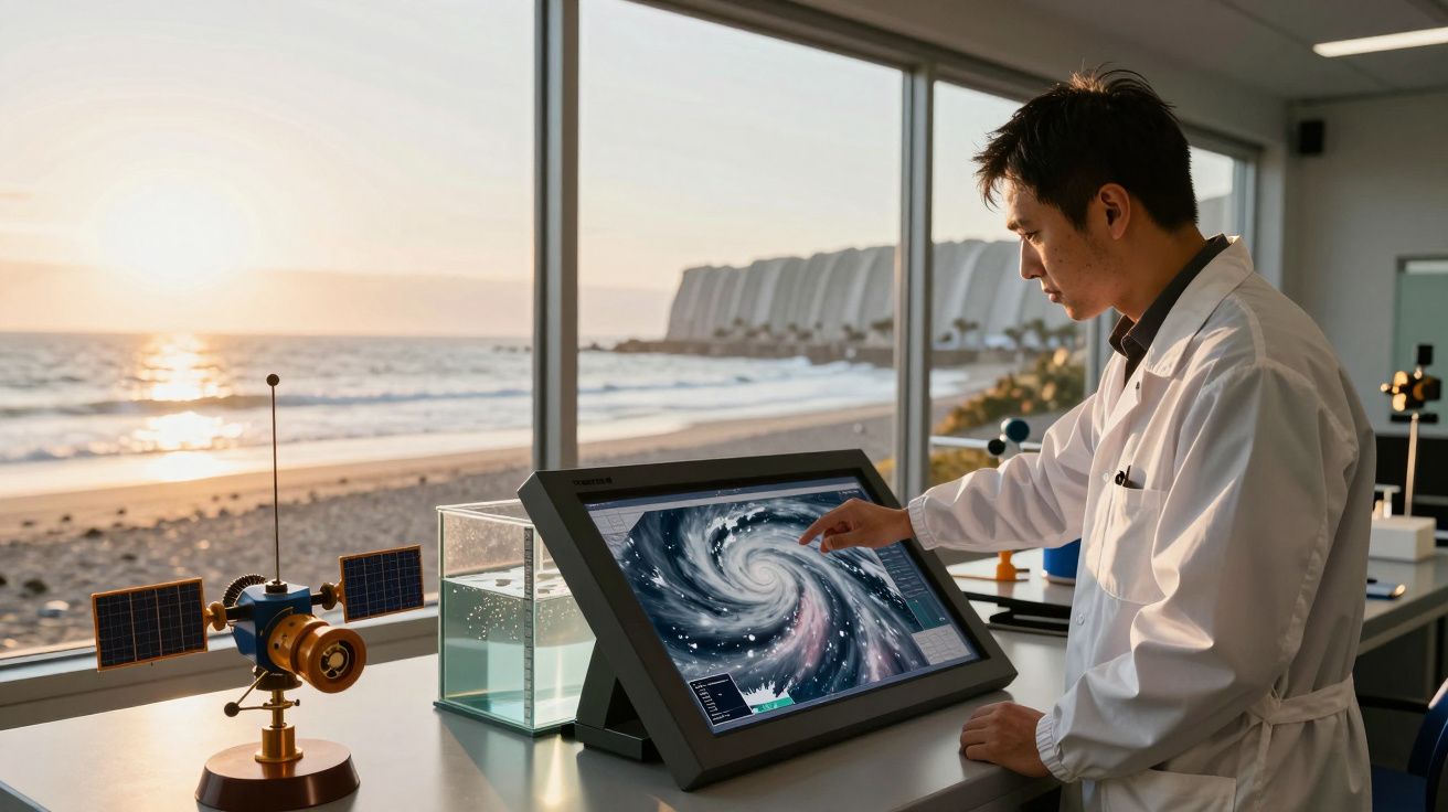 Cientista num laboratório à beira-mar analisa imagem de galáxia num ecrã táctil com modelo de satélite ao lado.