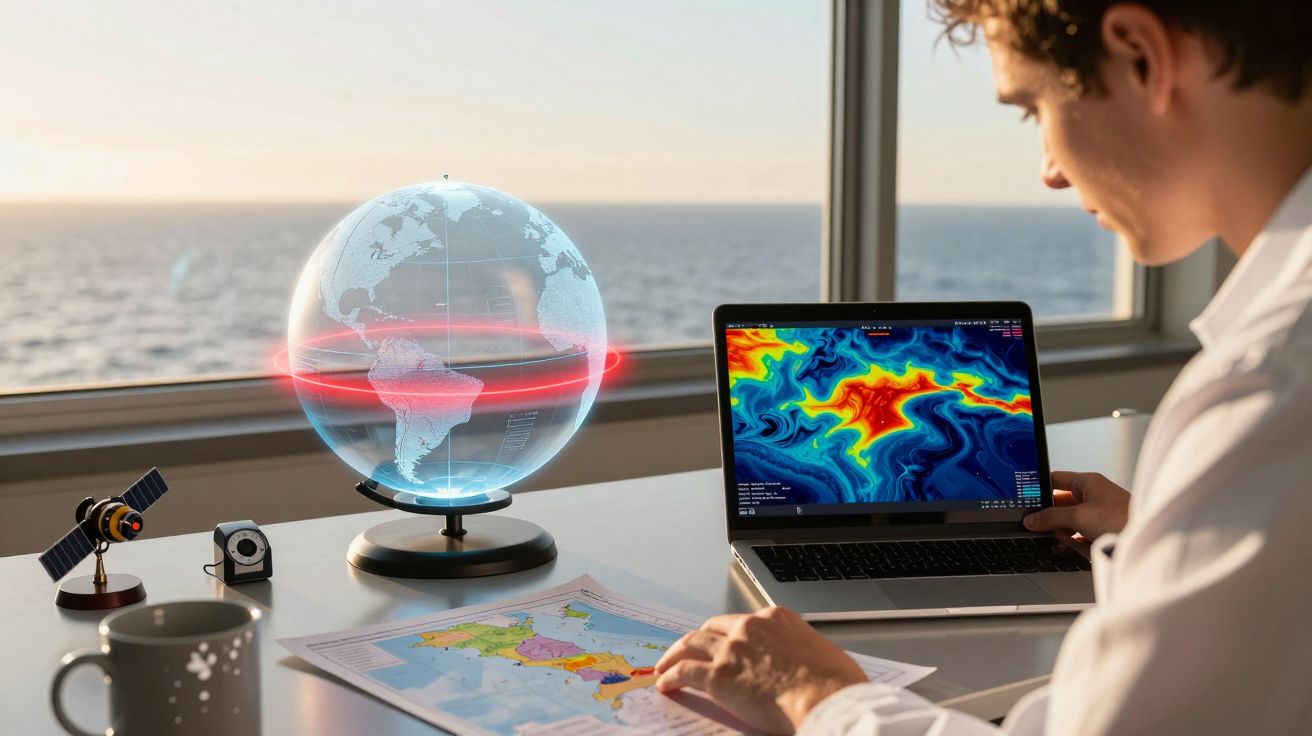 Homem analisa mapas meteorológicos e um globo terrestre holográfico, com laptop e janela com vista para o mar.