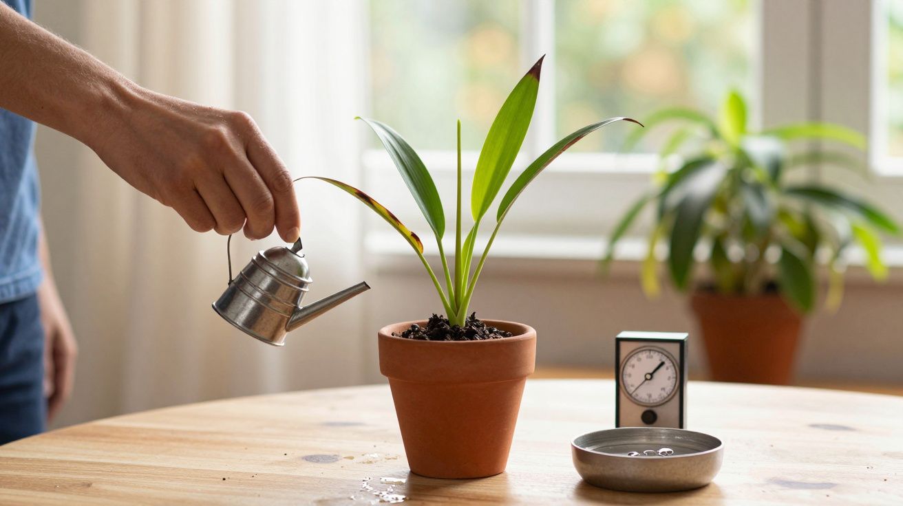Mão a regar planta em vaso de barro com regador pequeno, sobre mesa de madeira junto a janela.