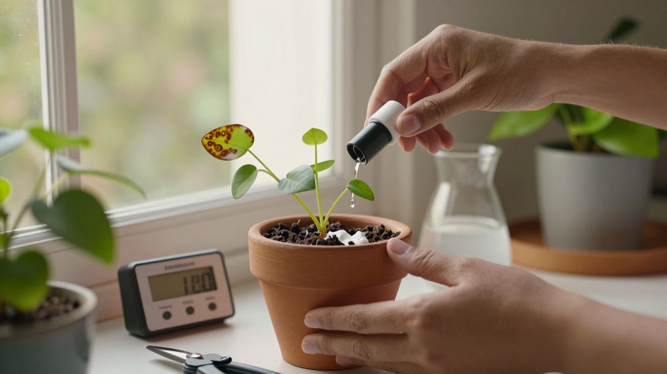 Mãos a regar uma planta num vaso de barro junto a uma janela, com um medidor digital de temperatura ao lado.