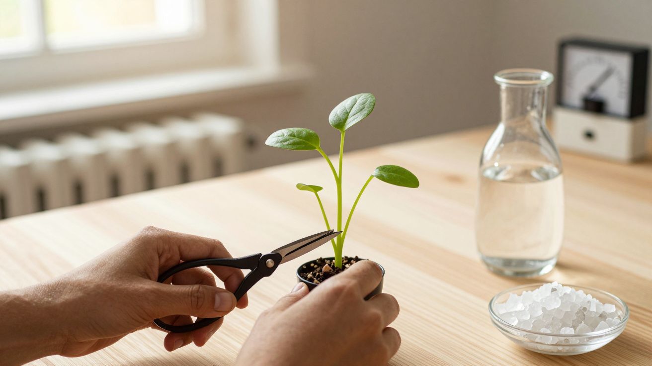 Pessoa a podar pequena planta num vaso, com frasco de água e taça de pedras brancas sobre mesa de madeira clara.