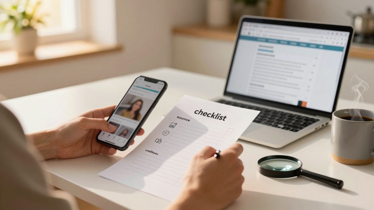 Pessoa a segurar smartphone e lista de afazeres numa mesa com laptop, lupa e chávena de café ao lado.