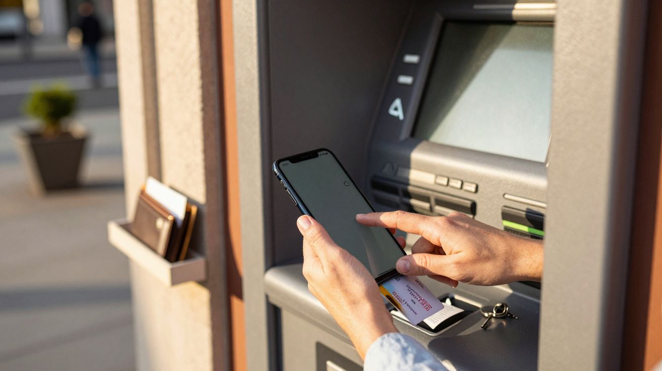 Pessoa a usar smartphone junto a multibanco, segurando cartão na ranhura do terminal.